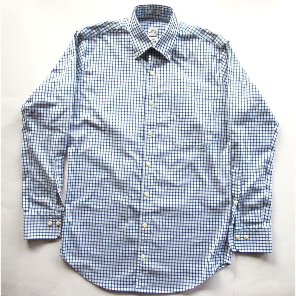 Peter Millar Mens Dress Shirt Buttons Down Plaid Blue/White Long Sleeves Cotton